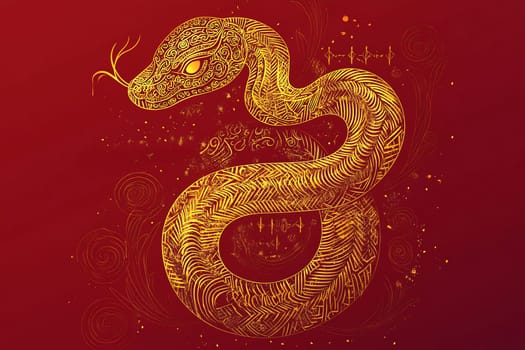 A detailed illustration of a golden snake adorned with intricate patterns set against a vibrant red background, showcasing artistic design.