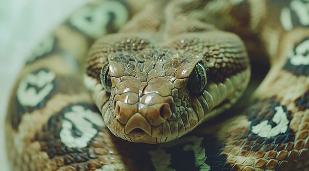 A detailed look at a python's scales and facial features, showcasing its unique patterns while resting on a surface.