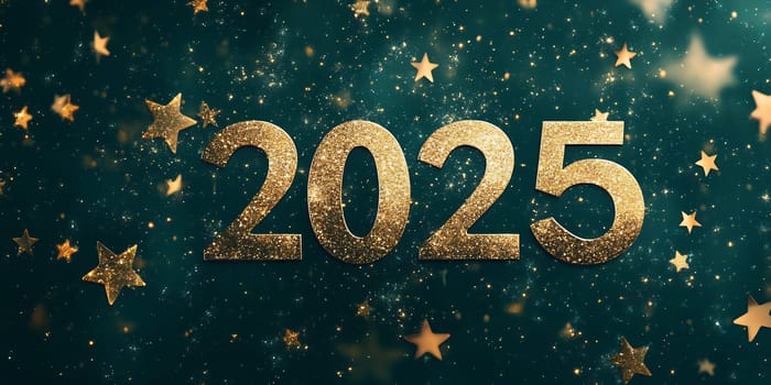The vibrant display features sparkling gold numbers representing the upcoming year 2025, surrounded by shimmering stars.