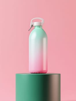 A trendy gradient water bottle stands on a pedestal against a soft pink background, showcasing a stylish design perfect for hydration.