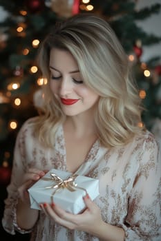 A woman with wavy hair smiles gently at a beautifully wrapped gift while standing near a decorated Christmas tree.