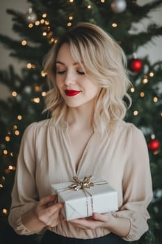A woman with blonde hair and red lips smiles serenely while holding a beautifully wrapped gift beside a festive Christmas tree.