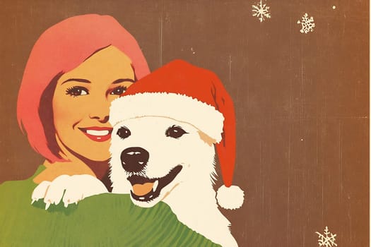 A smiling woman with pink hair holds a happy dog wearing a Santa hat, celebrating the holiday spirit with joy and warmth.