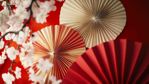 Delicate paper fans displayed against a vibrant red background, complemented by soft cherry blossom branches.