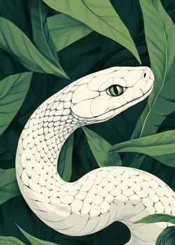 A white snake elegantly curves through lush green foliage, showcasing its striking scales and captivating green eyes.