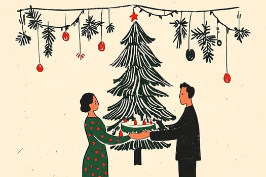 A man and woman joyfully celebrate Christmas together, holding a decorated cake near a Christmas tree adorned with ornaments.