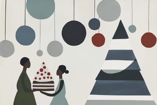 Two figures share a festive moment, presenting a cake adorned with cherries while a decorated tree stands nearby.