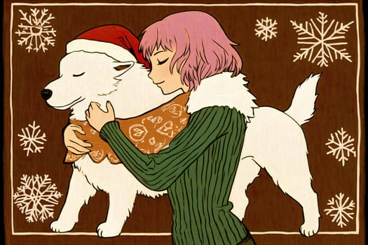 A girl in a green sweater hugs a white dog wearing a festive scarf, surrounded by snowflake decorations and warmth of winter.