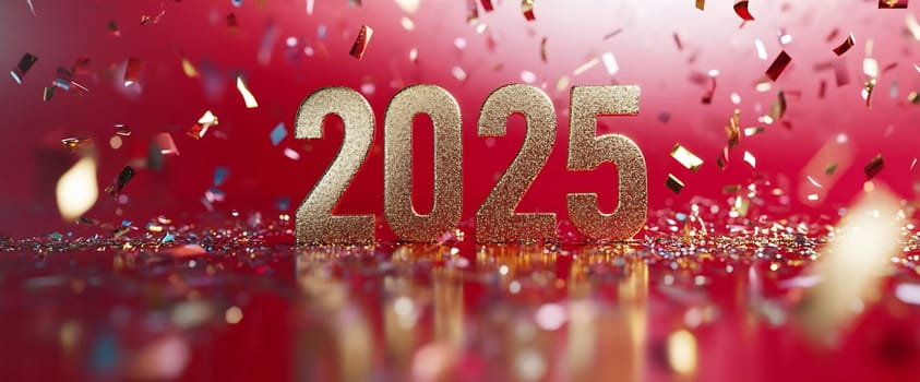 Golden numbers representing 2025 are surrounded by colorful confetti against a bold red background, capturing a festive atmosphere.