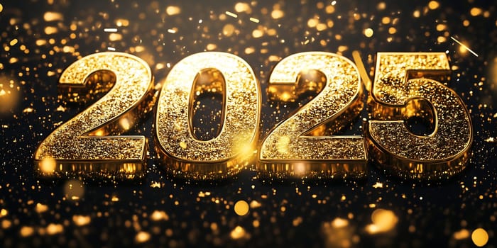 A vibrant display features sparkling golden numbers representing the year 2025, perfect for festive occasions and New Year events.