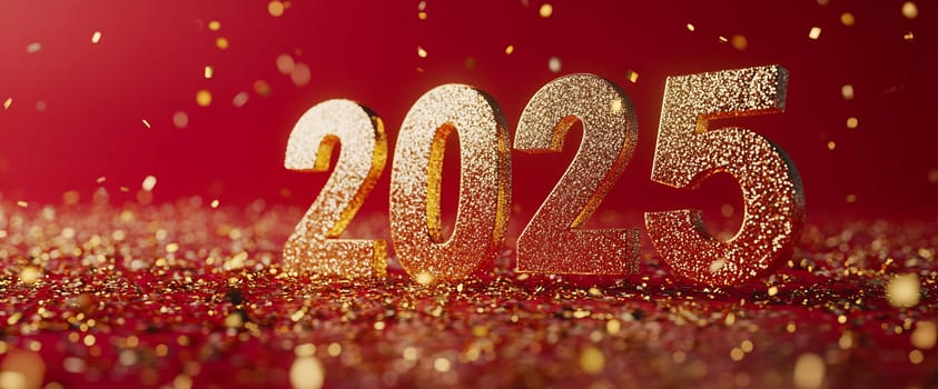 Golden numbers for the New Year shine brightly on a festive red background, surrounded by sparkling confetti and glitter.