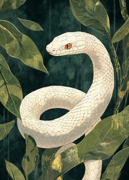 A striking white snake coiled among lush green leaves in a natural setting, showcasing its unique beauty and vibrant surroundings.