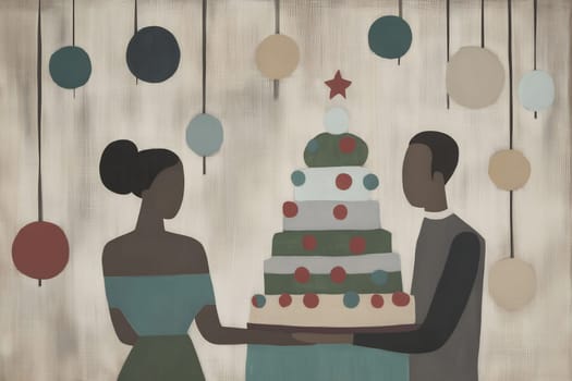 A couple presents a beautifully decorated cake during a festive celebration, surrounded by colorful decorations and a joyful atmosphere.