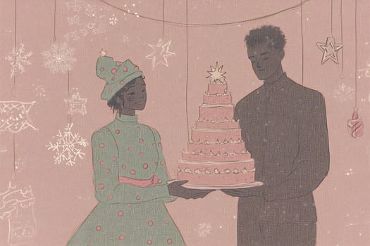 A couple shares a joyful moment, presenting a beautifully decorated cake amidst winter decorations and holiday spirit.