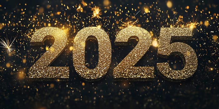 Sparkling golden numbers form the year 2025, surrounded by bright light effects and shimmering particles, creating a festive atmosphere.