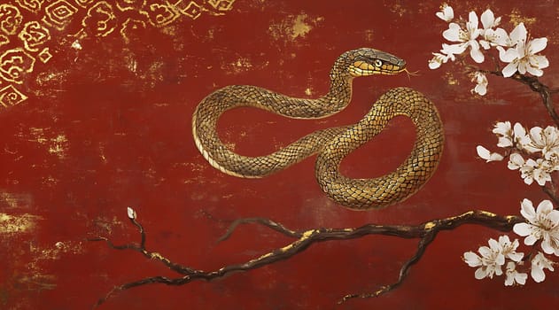A golden snake gracefully wraps around a branch adorned with delicate cherry blossoms against a striking red background.