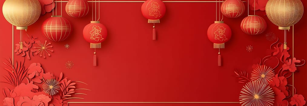 Vibrant red backdrop adorned with lanterns and floral elements, perfect for a cultural celebration or festival ambiance.