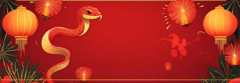 A vibrant red snake is depicted alongside glowing lanterns, celebrating a festive atmosphere and cultural traditions during the festivities.