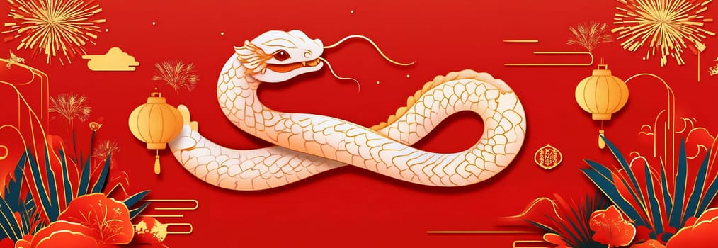 A vibrant display features a white dragon amidst red and gold decorations, symbolizing the Lunar New Year festivities.