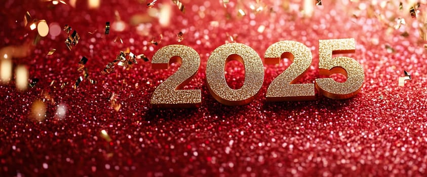 Gold numbers shine brightly against a red glittery background, marking the arrival of the year 2025 with festive confetti surrounding them.