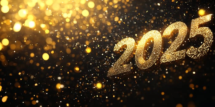 Glittering golden numbers signify the arrival of the year 2025, surrounded by shimmering lights in celebration.