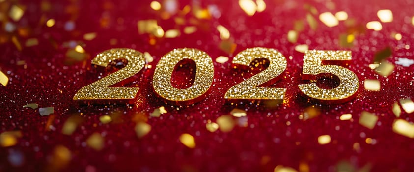 Golden glitter numbers represent the arrival of 2025, surrounded by colorful confetti on a bright red background.