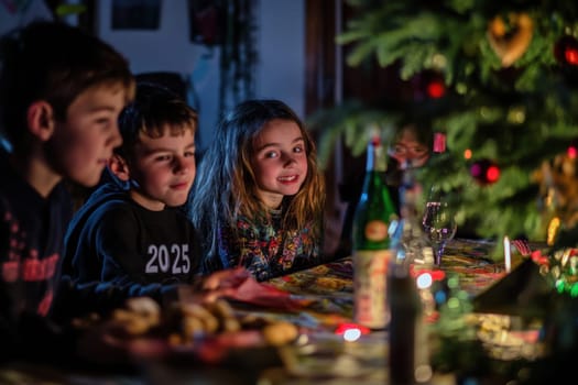 Young children enjoy a festive gathering at a decorated table filled with treats and drinks while a Christmas tree glows nearby.