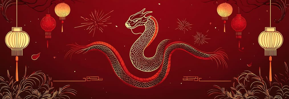 An ornate dragon winds through red backgrounds, decorated with hanging lanterns, embodying festive spirit and celebration.