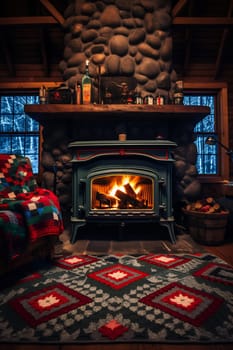 A warm cabin features a glowing fireplace, colorful blanket on the chair, and soft lighting, inviting relaxation during the winter evening.