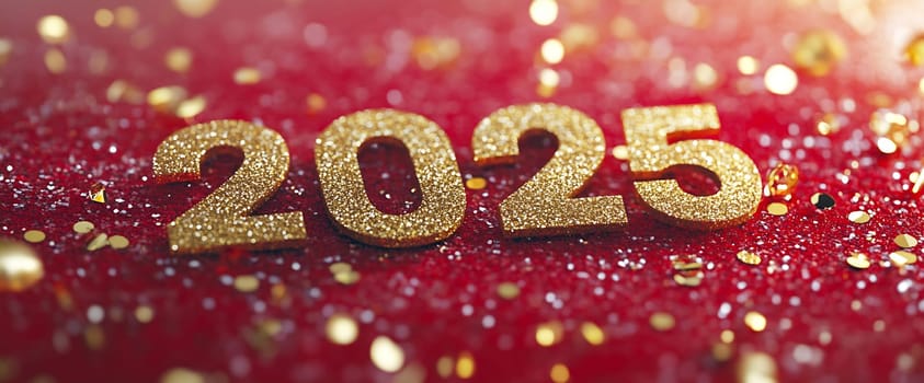 Golden numbers 2025 shine brightly on a festive red background sprinkled with sparkles, symbolizing the arrival of a new year.