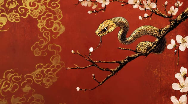 A golden snake rests on a branch with delicate blossoms, contrasting against a deep red background with swirling patterns.