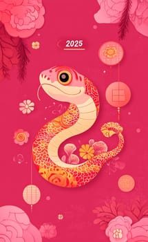 A vibrant and festive snake illustration is displayed for the 2025 celebration, adorned with floral patterns and traditional symbols.