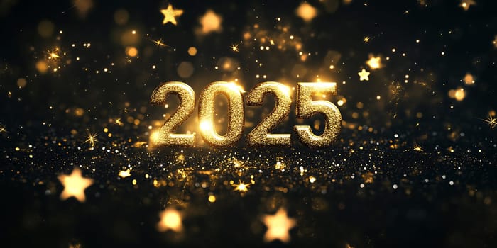 A sparkling display of golden numbers 2025, surrounded by shimmering stars, setting a festive mood for New Year celebrations.