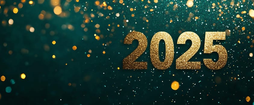 The shimmering background features the year 2025 in glitter, creating a festive atmosphere for New Year's celebrations.