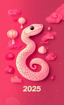 A whimsical pink snake weaves through colorful clouds and lanterns, symbolizing the year 2025 and vibrant celebrations.