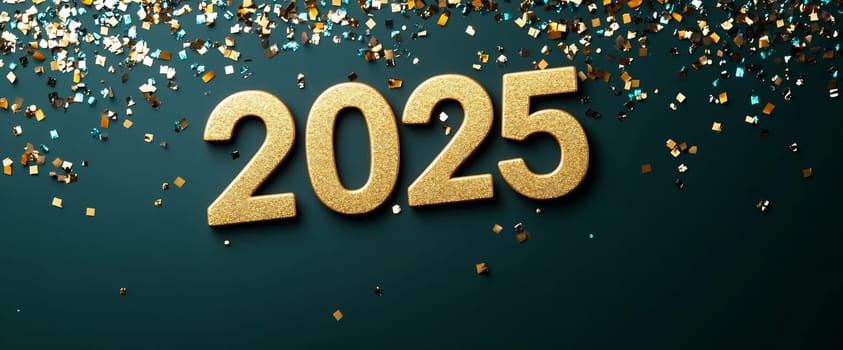 Bright gold numbers for 2025 are surrounded by colorful confetti, marking a festive celebration for the upcoming year.