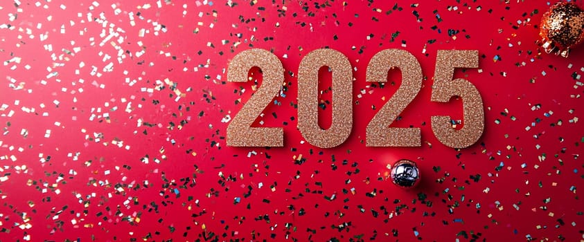 The festive atmosphere features glittering 2025 numbers and colorful confetti scattered on a vibrant red background.