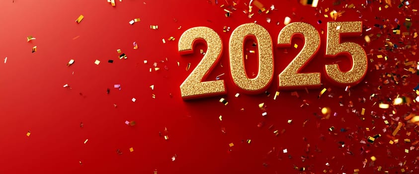 Sparkling golden numbers display the year 2025, surrounded by colorful confetti on a festive red background.