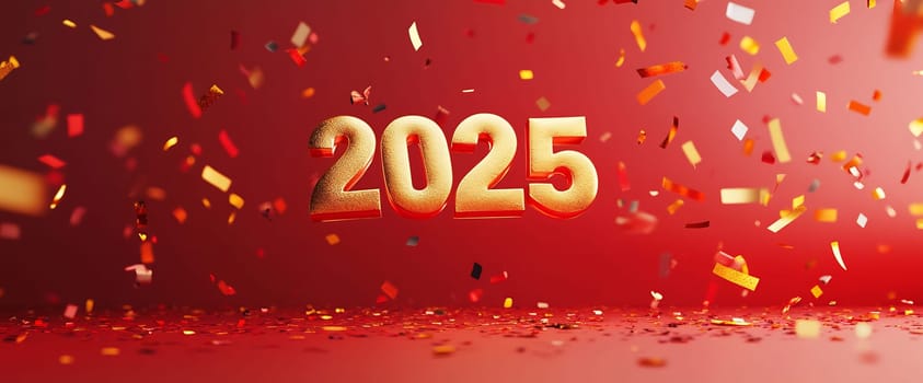 Colorful confetti falls around metallic 2025, marking a vibrant celebration as the new year arrives in a festive atmosphere.