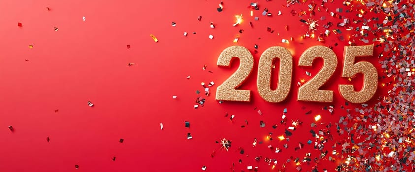 Festive gold 2025 numbers surrounded by vibrant confetti on a bright red background, capturing a joyful celebration.