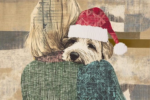 A person shares a warm embrace with a dog wearing a festive hat, capturing a heartwarming holiday moment.