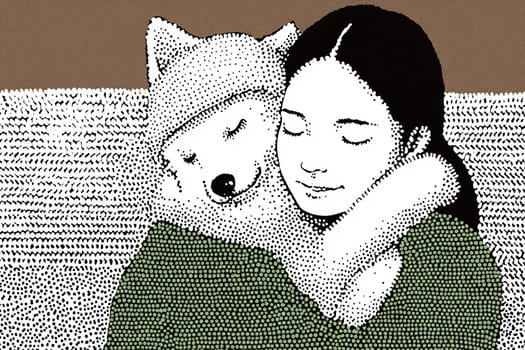A girl embraces a dog, sharing a moment of warmth and affection while sitting comfortably. The atmosphere is cozy and loving.