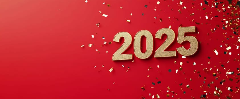 Golden 2025 stands out against a red background, surrounded by colorful confetti to mark the New Year's celebration.