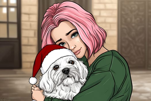 A young woman with pink hair warmly embraces a small dog wearing a festive hat in a cozy indoor setting.