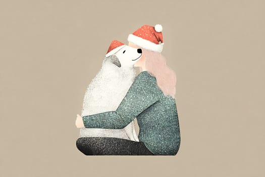 A woman in a green sweater embraces her dog, both wearing Santa hats, conveying joy during the holiday season.