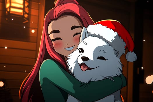 A cheerful woman embraces her fluffy dog, both celebrating the Christmas spirit with a festive atmosphere and warm smiles.