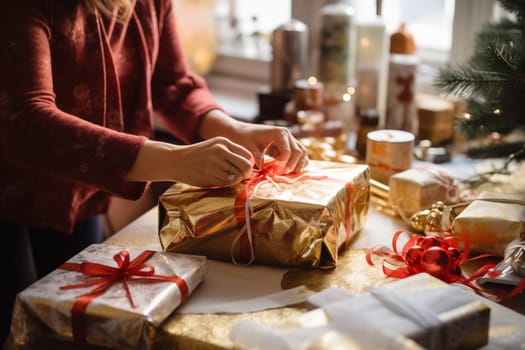 A person lovingly wraps golden gifts with festive ribbons, surrounded by holiday decorations and cozy atmosphere.