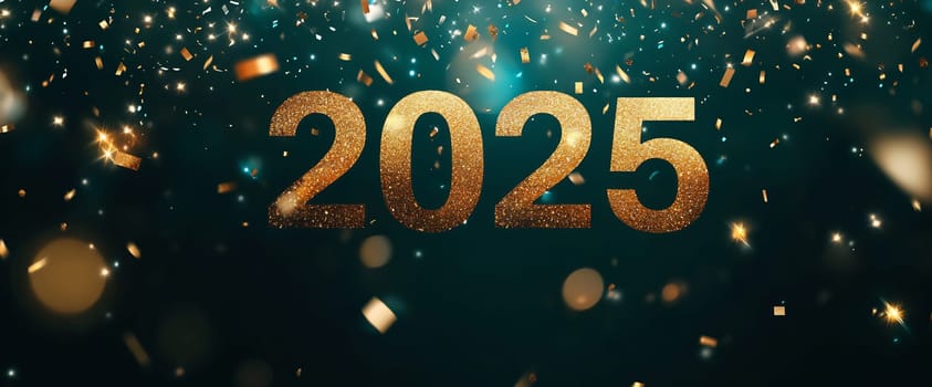Golden letters form the year 2025, surrounded by sparkles and confetti, capturing the festive atmosphere of New Year's celebrations.