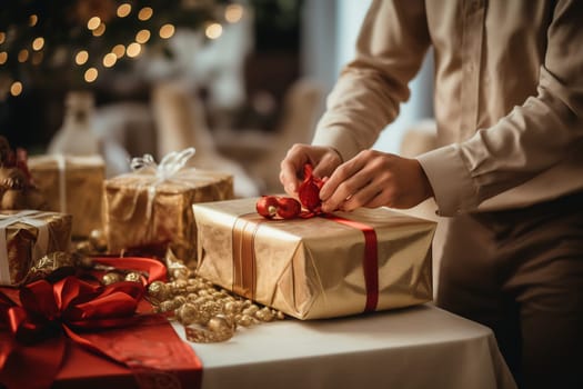 A person carefully wraps a gift with a red ribbon, surrounded by holiday decorations and other presents, creating a joyful atmosphere.