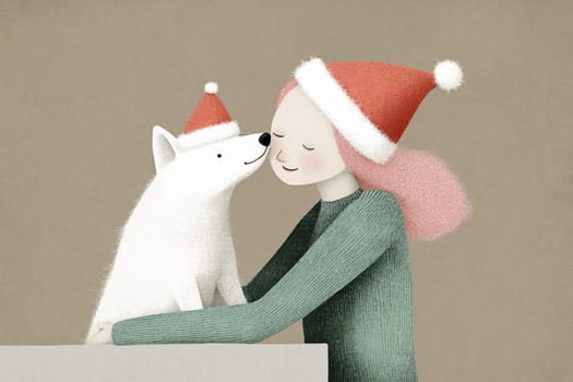 A girl in a green sweater shares a tender moment with her white dog, both wearing festive red hats, radiating holiday cheer.